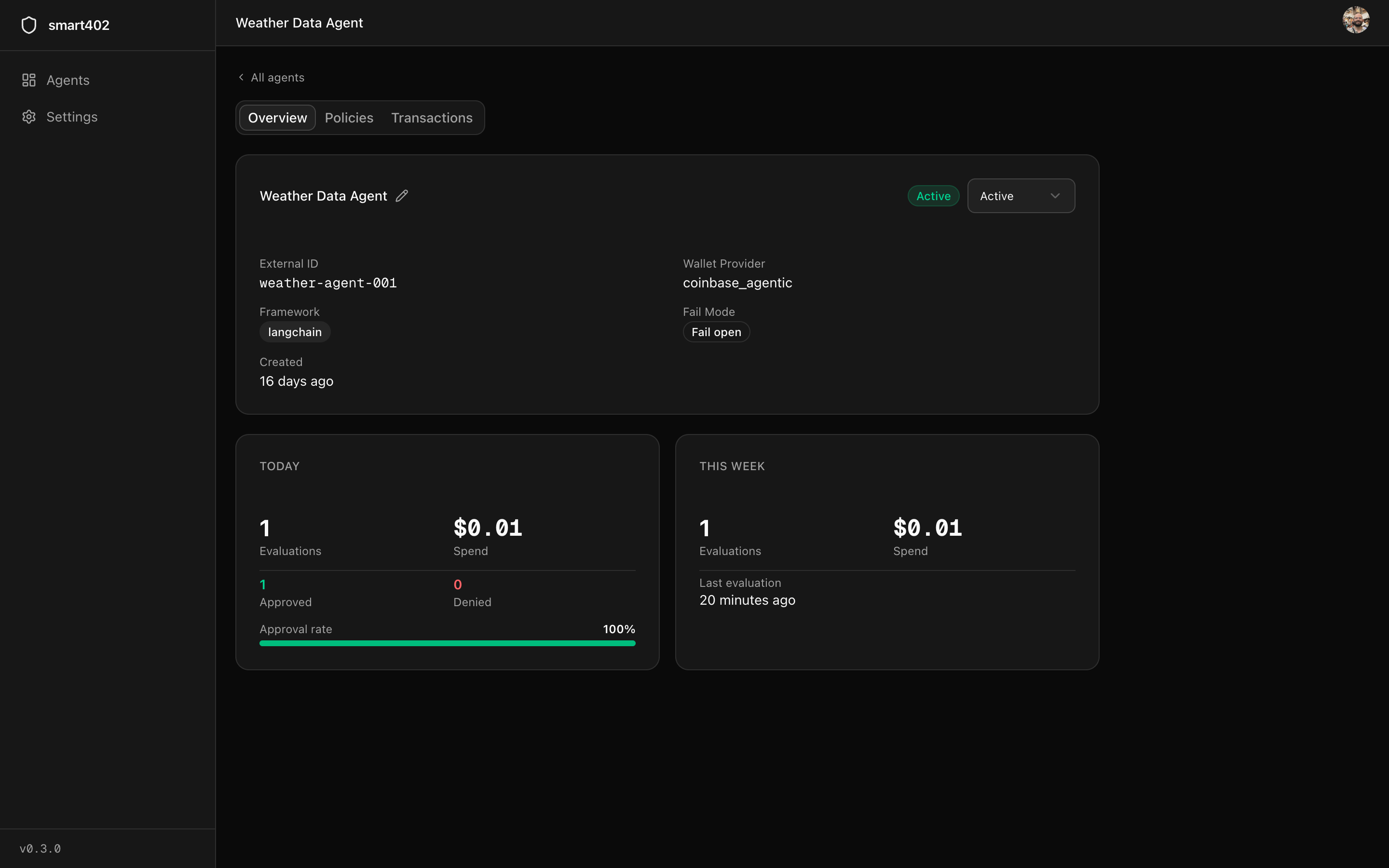Agent detail: spend stats, approval rate progress bar, and evaluation history for a single agent