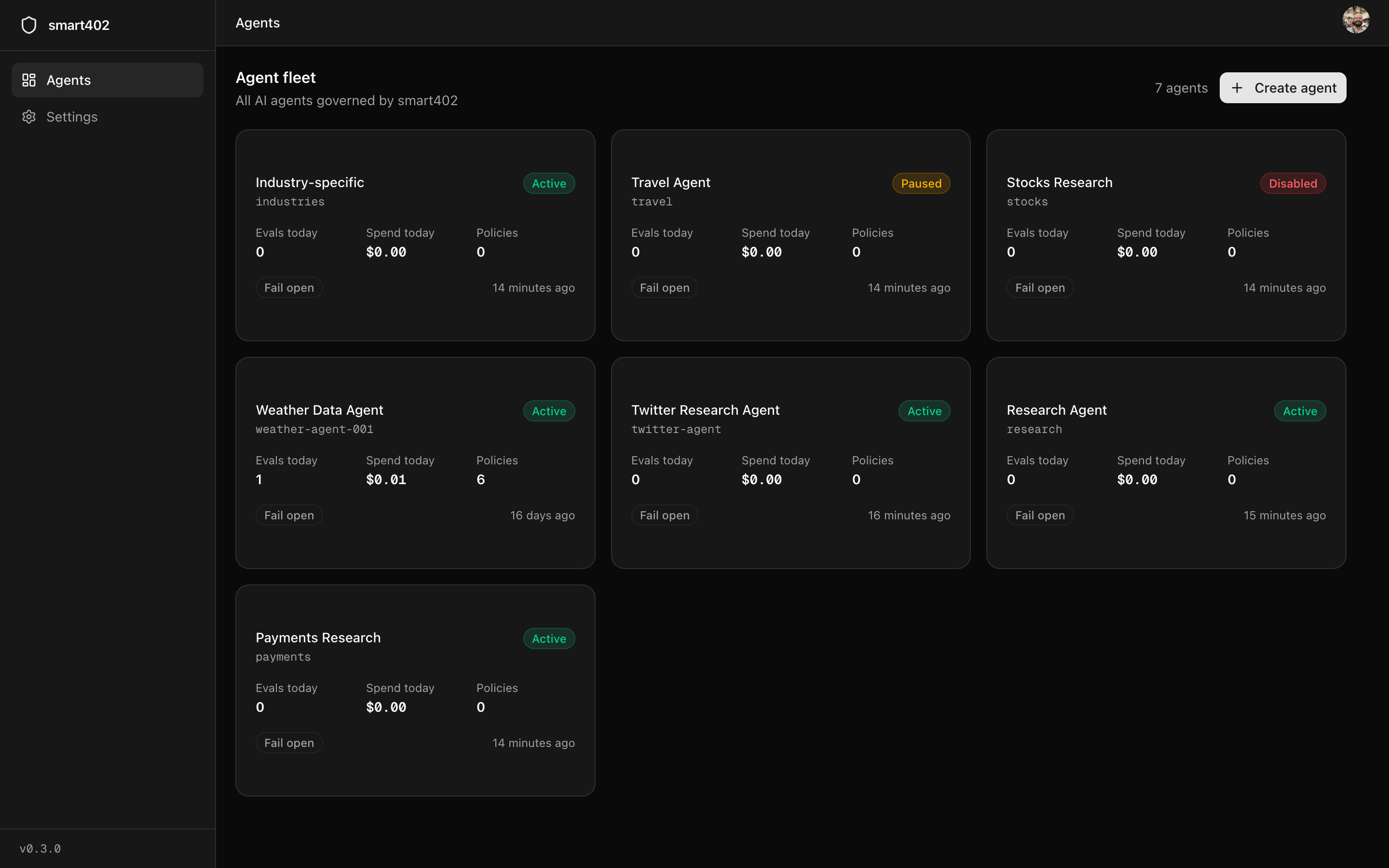 Agent fleet: agents showing Active, Paused, and Disabled status badges with per-agent spend stats